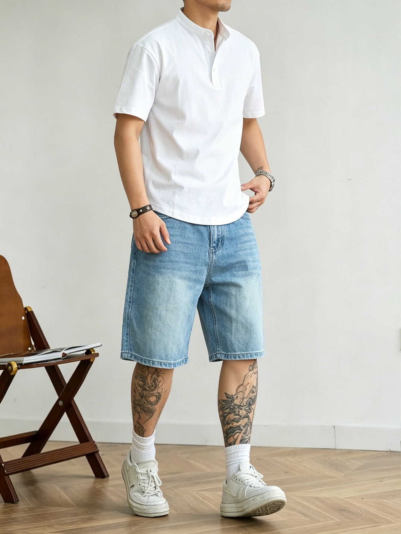 Korean Daily Lifestyle - Celana pendek denim biru longgar tanpa